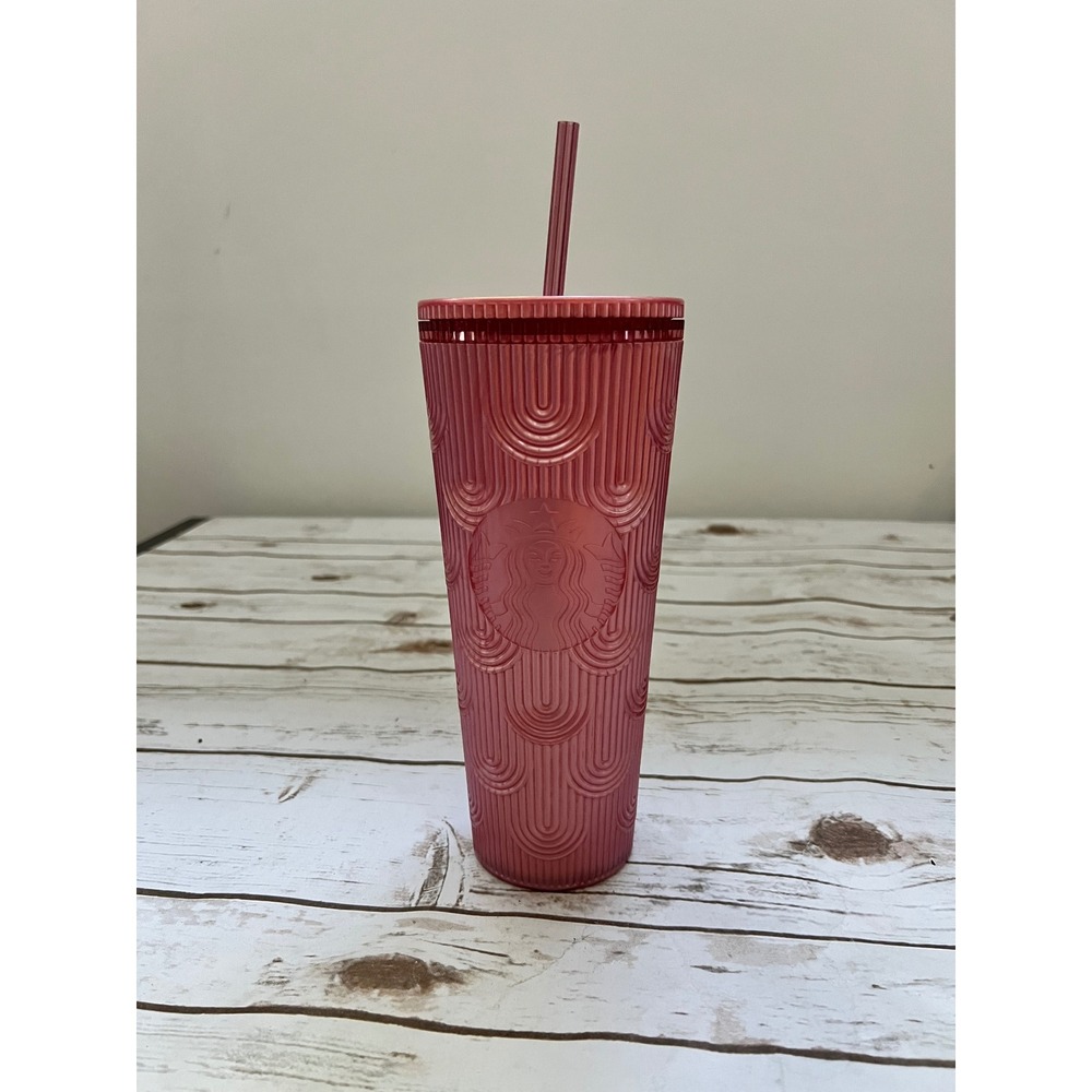 Starbucks Tumbler Cold Cup Metallic Pink Deco Arch Textured 24oz Venti NWT